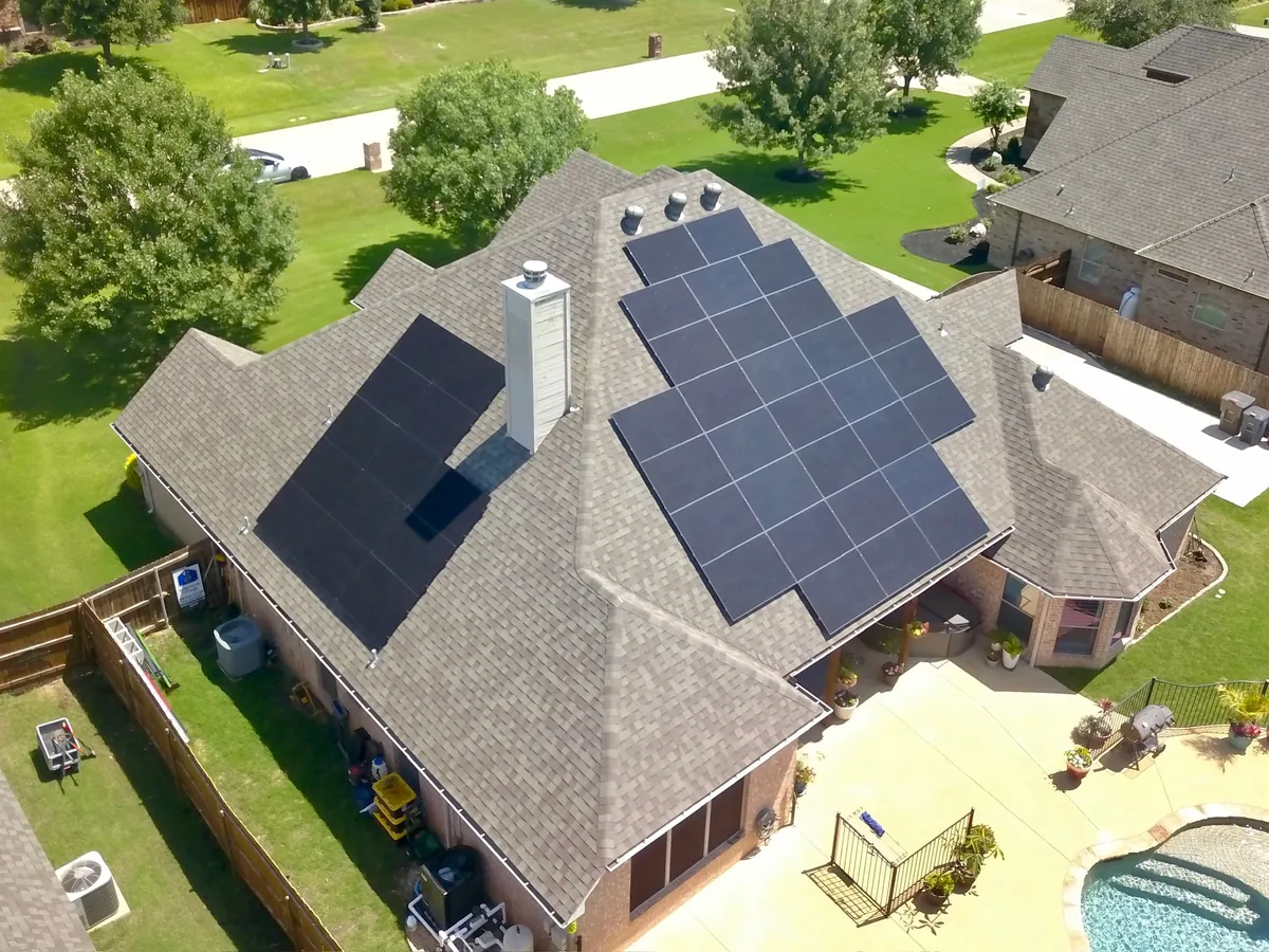 Aerial view of a DFW home with rooftop solar